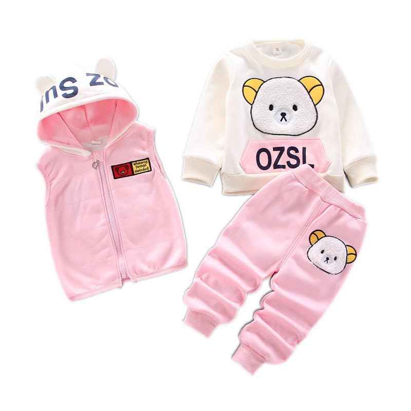 Children Warm Clothes Children Jumpsuit Vest Sleeveless Hooded Child Winter Three Pieces Clothes Child Long Sleeve Sweatshirt Pants Set Children Cartoon Bear Clothes 0-4 Years