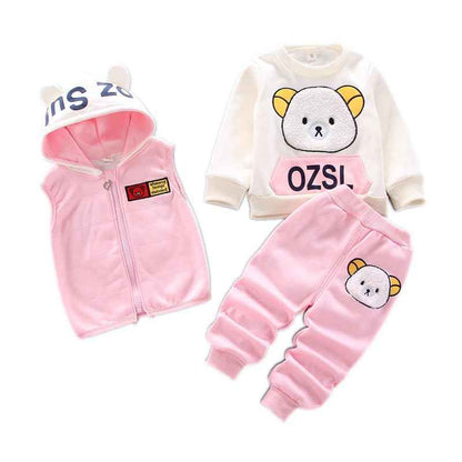 Children Warm Clothes Children Jumpsuit Vest Sleeveless Hooded Child Winter Three Pieces Clothes Child Long Sleeve Sweatshirt Pants Set Children Cartoon Bear Clothes 0-4 Years