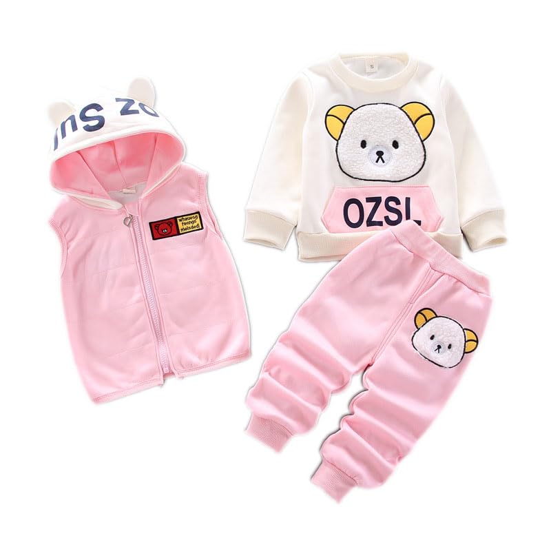 Odziezet Toddler Warm Outfit Children's Hooded Sleeveless Vest Suit Baby Winter Three Piece Outfits Child Long Sleeve Sweatshirt Trousers Sets Babies Cartoon Bear Clothing 0-4 Years