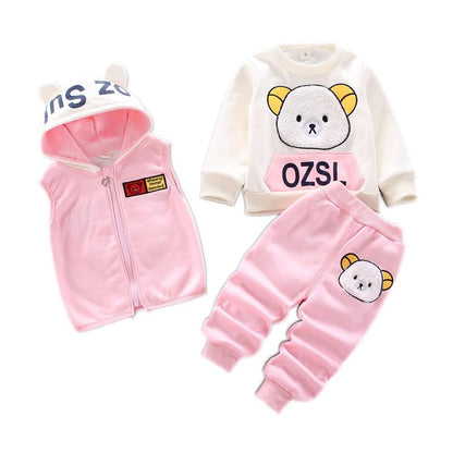 Odziezet Toddler Warm Outfit Children's Hooded Sleeveless Vest Suit Baby Winter Three Piece Outfits Child Long Sleeve Sweatshirt Trousers Sets Babies Cartoon Bear Clothing 0-4 Years