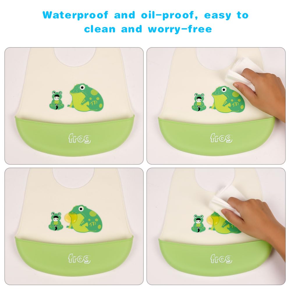 Vicloon Silikon Baby Lätzchen, 2 Stück Baby Lätzchen mit Auffangschale, BPA Frei, Einfache Reinigung, Wasserdicht Silikon-lätzchen für Jungen Mädchen, Kaninchen-Einhorn（Rosa）