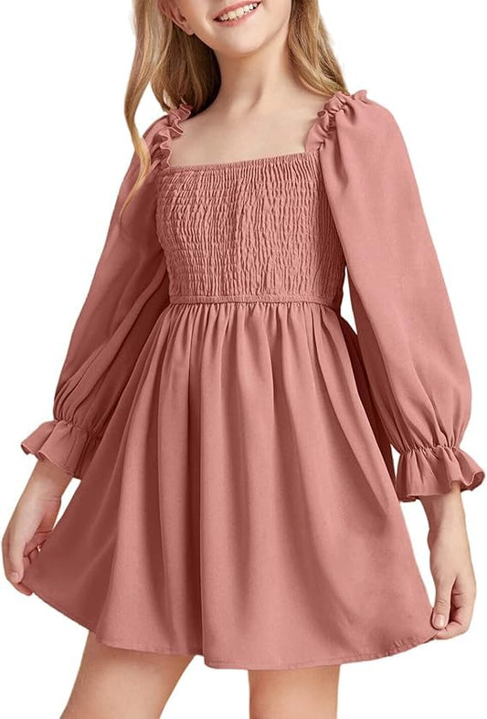 Haloumoning Girls Dress Ruffles Long Sleeve Dress A-Line Casual Dress Chiffon Princess Party Dress Festive Autumn Winter Dress for Wedding Birthday Ball 