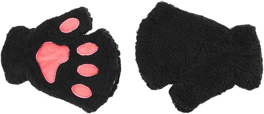 AfinderDE Half Gloves Fingerless Gloves Women Girls Plush Half Thick Warm Finger Gloves Cartoon Animal Bear Cat Claws Winter Gloves