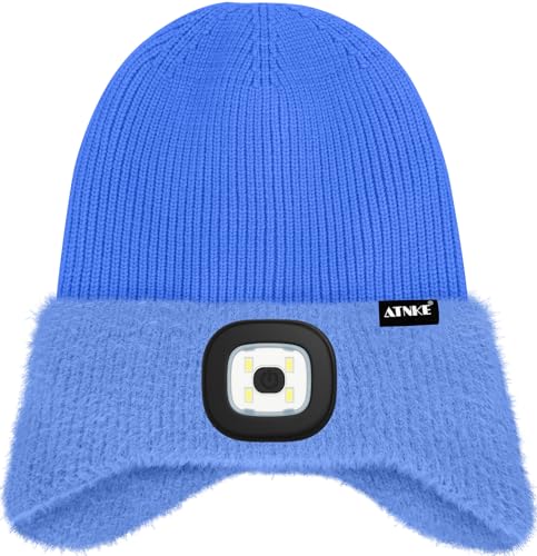 ATNKE Kinder LED Beleuchtete Ohrenklappen Mütze mit Licht,USB Wiederaufladbare 4 LED Laufmütze Stirnlampe Winter Warm Fleece Gefüttert Strick Mütze Geschenke für Jungen und Mädchen