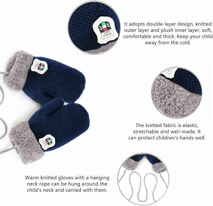 AVJERA 1-3 Jahre Baby Winter Handschuhe Kinder Gestrickte Fäustlinge Warm Verdickte Kinderhandsche Fausthandschuh mit Schnur Outdoor Weich Winterhandschuhe Skihandschuhe Handwärmer für Jungen Mädchen