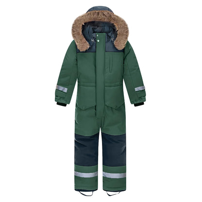 L SERVER Children's Ski Suit Boys with Hood Windproof Waterproof Snow Overall Girls Warm Snowsuit Thicker Ski Overall with Reflective Stripes