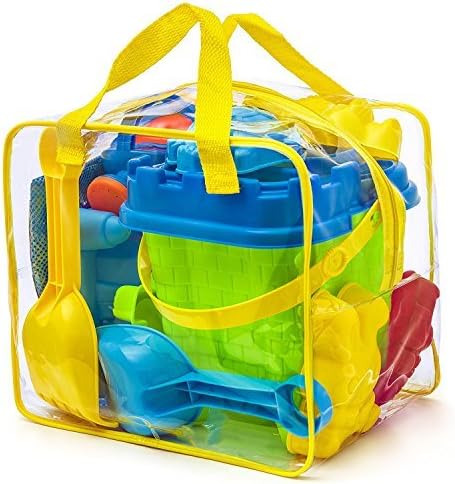 Prextex 12-Teiliges Strand-Und-Sandspielzeug-Set in Wiederverwendbarer Tasche mit Reißverschluss - Eimer mit Sieb, Spaten, Rechen, Gießkanne, Sandformen für Tiere und Burgen, 25.4 x 17.8 cm