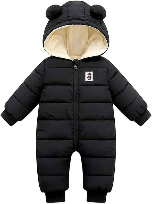 LSERVER Neugeborener Strampler Baby mit Kapuze Fleecever Dickter Jungen Schneeanzug Mädchen Warmer Daunen Overall Kinder Niedliche Winter Anzüge, Schwarz, 80