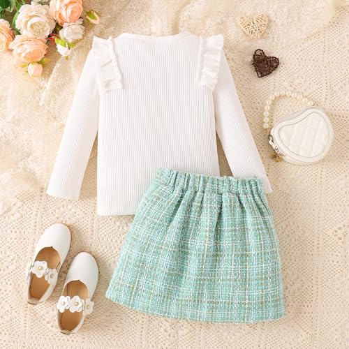 Baby Kinder Mädchen Kleidung Set Rüschen gerippt Langarm Top Fliege Checked Rock 2 Stück Frühling Herbst Kleinkind Outfits Set