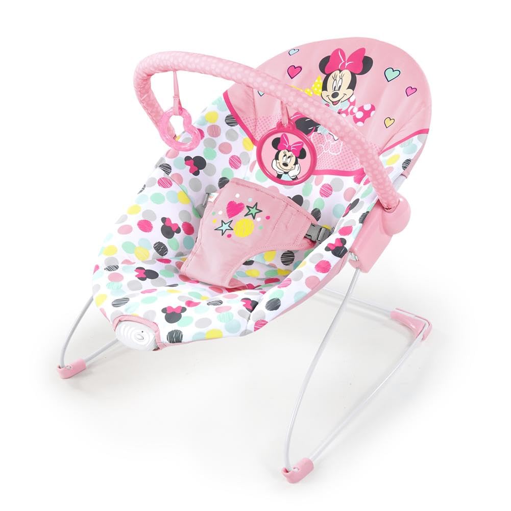 Bright Starts, Disney Baby, Minnie Mouse Spotty Dotty, Babywippe mit Vibrationen, maschinenwaschbarem Sitzpolster, rutschfesten Füßen und 2 Spielzeugen, ab 0 monate