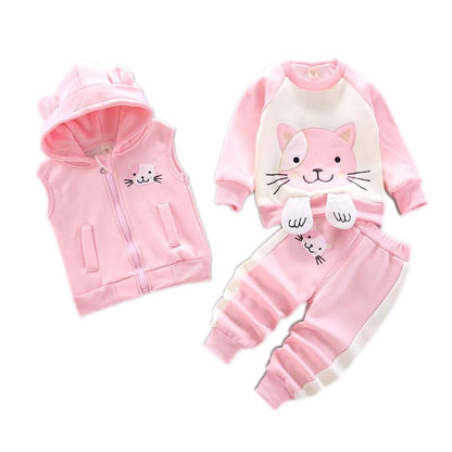 Odziezet Toddler Warm Outfit Children's Hooded Sleeveless Vest Suit Baby Winter Three Piece Outfits Child Long Sleeve Sweatshirt Trousers Sets Babies Cartoon Bear Clothing 0-4 Years