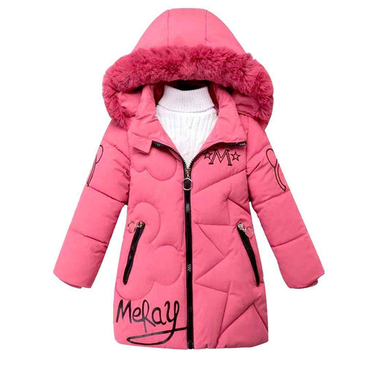 linboo Girls' Winter Jacket with Removable Fur Hood Warm Long Coat Children's Parka Outdoor Jacket with Letters and Cute Patterns