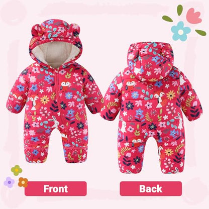 JiAmy Baby Winter Snowsuit, Toddler Bear Hood Fold-Over Mittens Booties Jumpsuit Toddler Warm Fleece Romper Girls Boys Warm Jumpsuit 3-24 Months