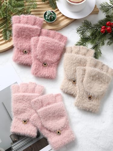 Geyoga 3er Pack Fingerlose Handschuhe mit Klappe Damen Winter Halbfinger Fäustlinge Handschuhe für Kinder