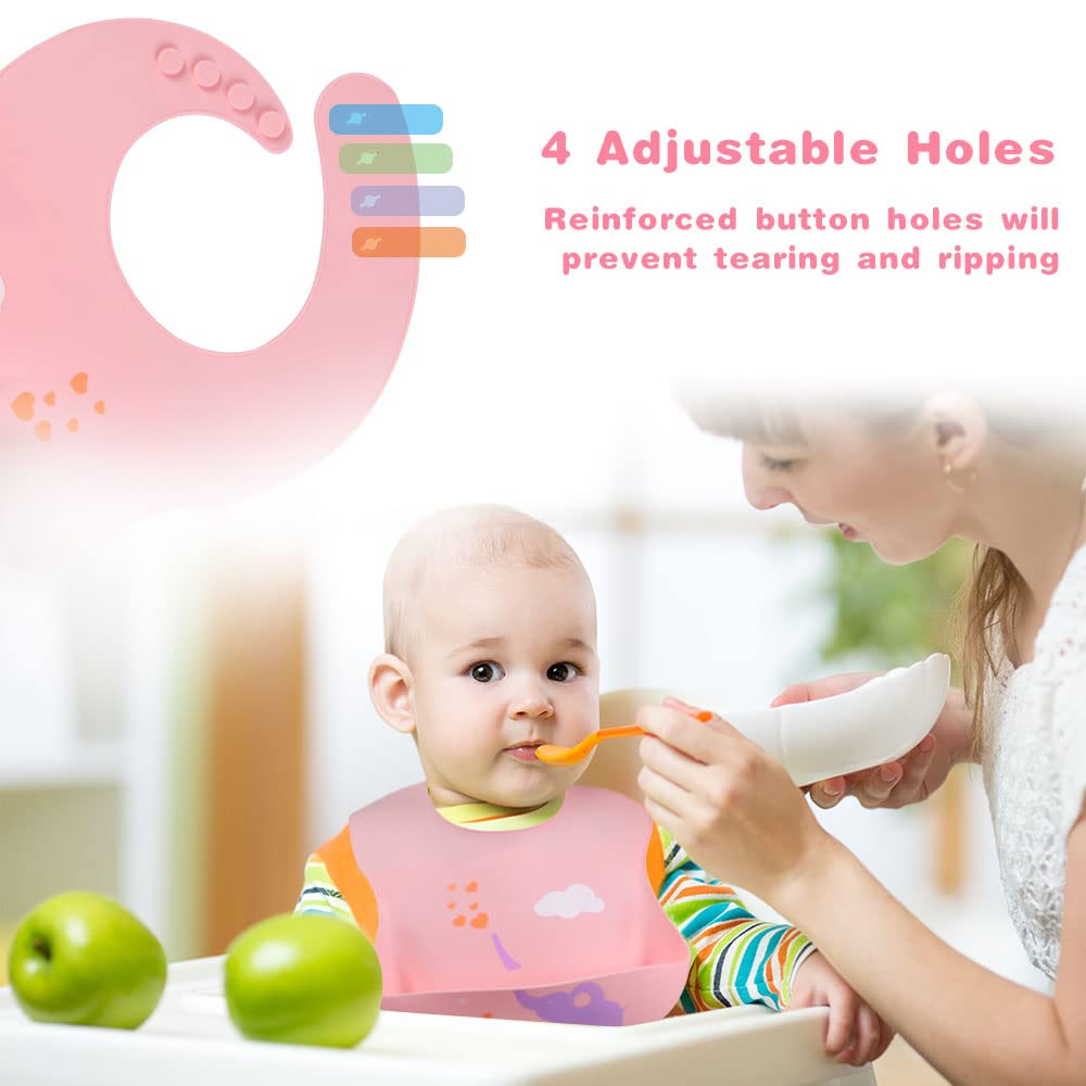 Vicloon Silikon Baby Lätzchen, 2 Stück Baby Lätzchen mit Auffangschale, BPA Frei, Einfache Reinigung, Wasserdicht Silikon-lätzchen für Jungen Mädchen, Kaninchen-Einhorn（Rosa）