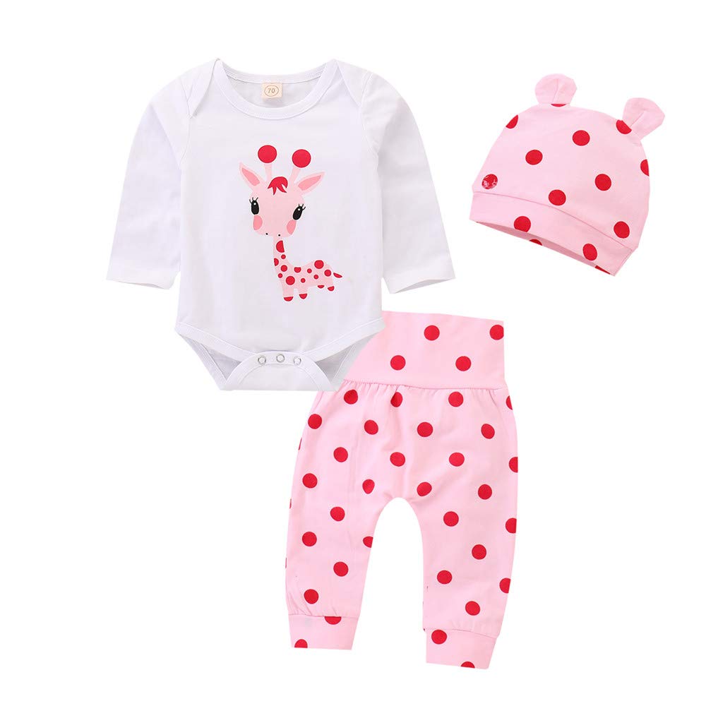 Juflam Neugeborene Baby Mädchen Kleidung Giraffe Strampler+Rosa Punkt Hose+ Hat 3Pcs Bekleidungssets