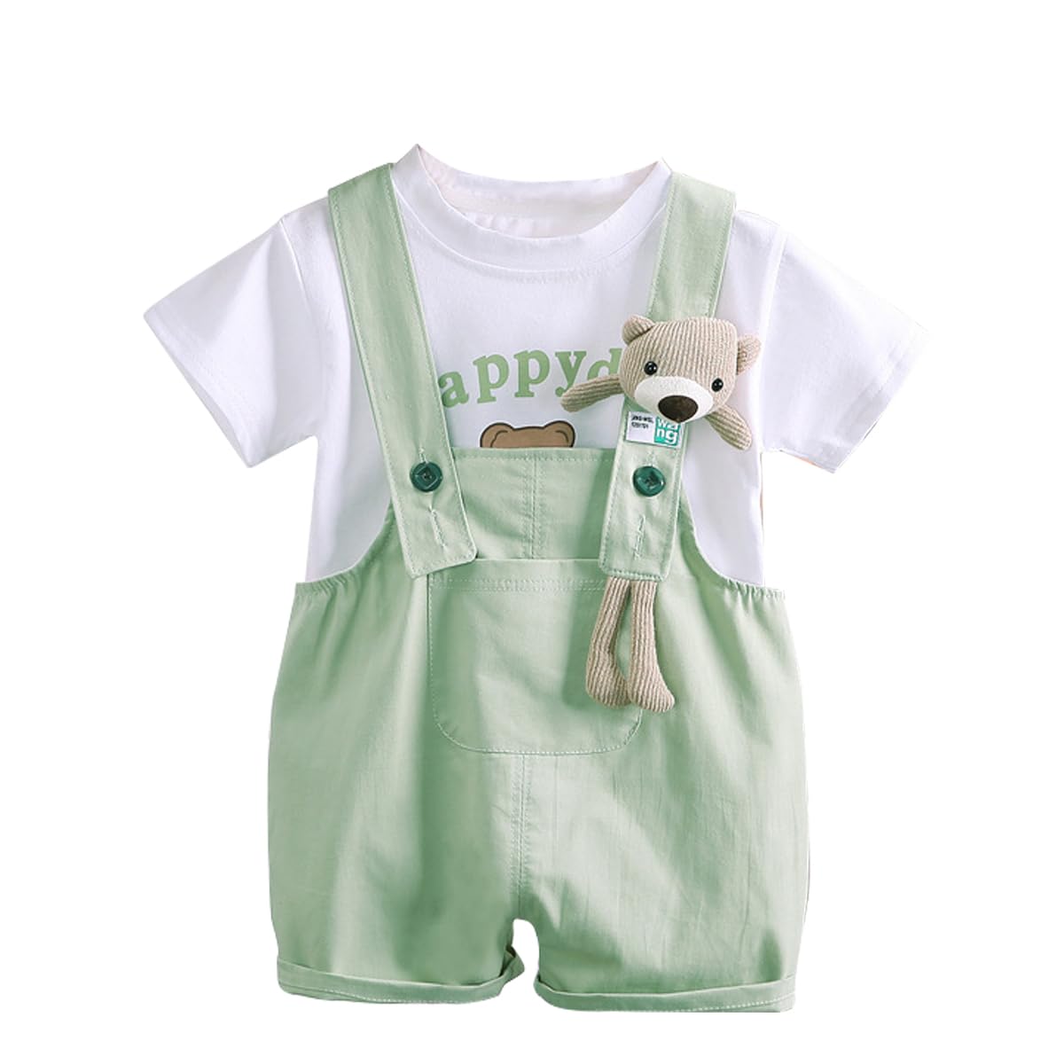 ACMEDE 2tlg Baby Mädchen Kleidung Set Gr. 74/80/86/92/98 kinder Kurzarm Oberteil T-Shirt Baumwolle + Sommer Jeans Latzhose Kurz mit Bärenpuppe Bodysuit Jumpsuit shorts Gr. 104/110/116/120