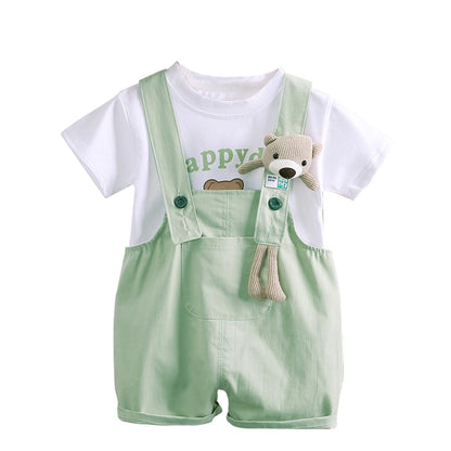 ACMEDE 2tlg Baby Mädchen Kleidung Set Gr. 74/80/86/92/98 kinder Kurzarm Oberteil T-Shirt Baumwolle + Sommer Jeans Latzhose Kurz mit Bärenpuppe Bodysuit Jumpsuit shorts Gr. 104/110/116/120