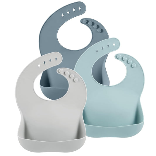 PandaEar 3-Pack Silicone Baby Bibs for Boys and Girls | Waterproof Bib with Catcher | Adjustable Washable Baby Bib Silicone Bib with Large Pocket for Catching Food 