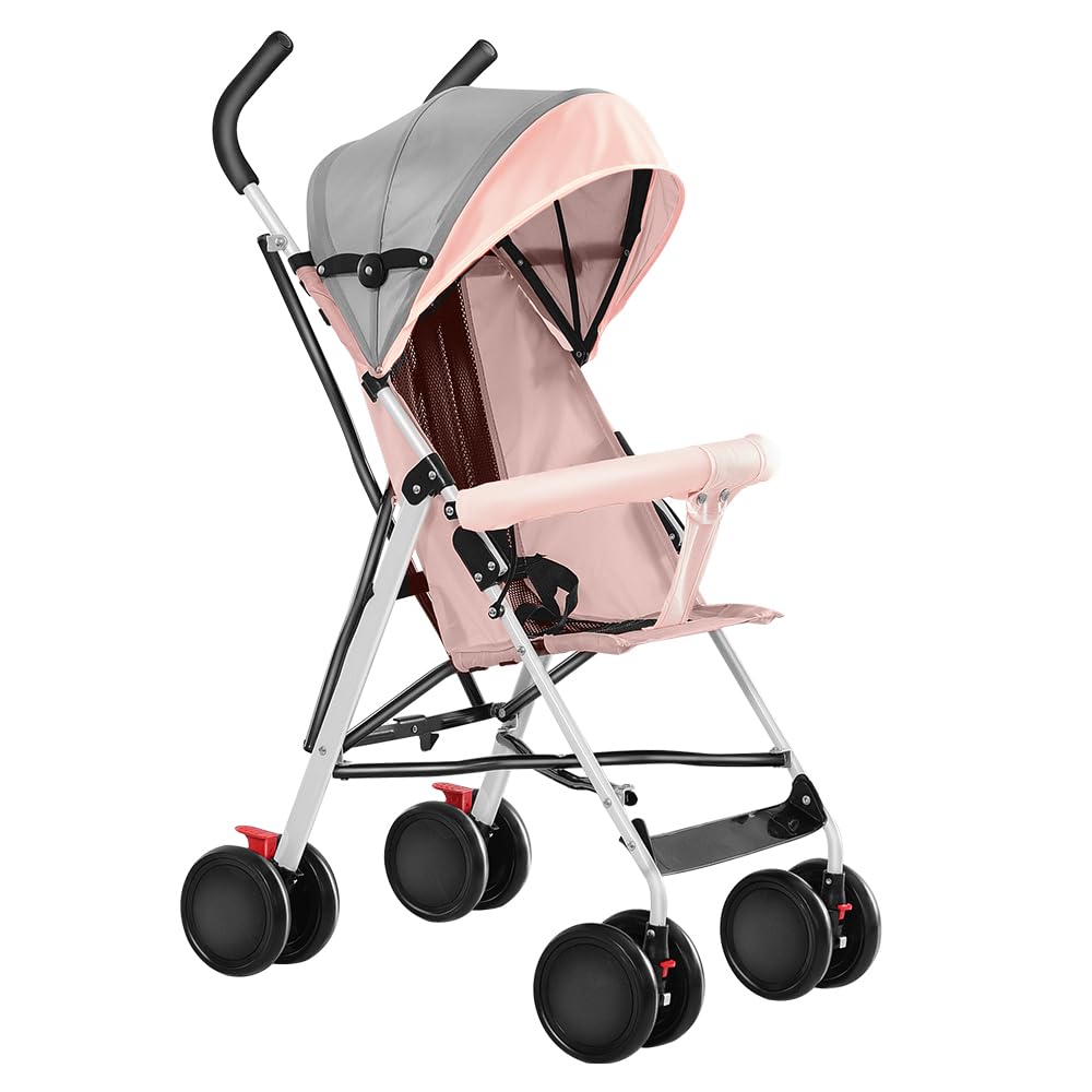 Buggy für Babys, ultraleicht, kompakt, faltbar und neigbar, von Geburt bis 25 kg, mit Trolley-System, Regenschutz inklusive, ausziehbarer Haube, C-schwarz