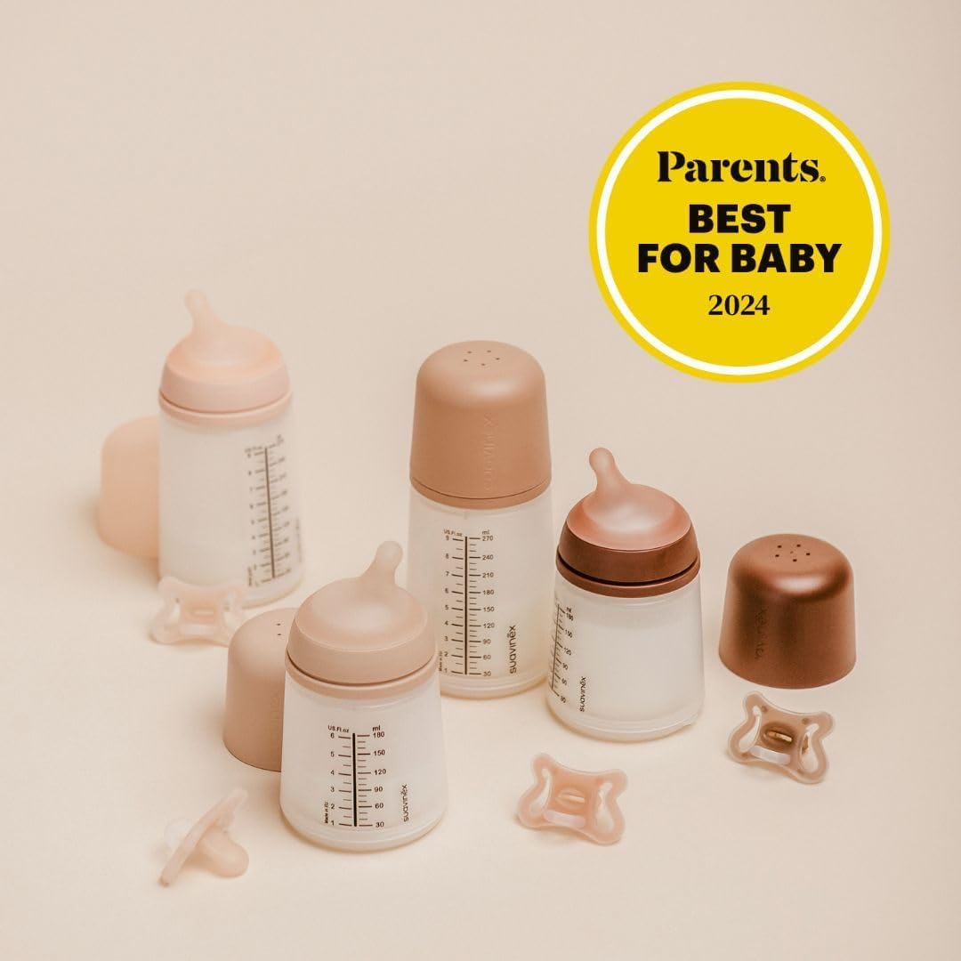 Suavinex, Anti-Colic Babyflasche Zero Zero,mit mittlerem Silikonsauger (M), für Babys ab 3 Monaten, Empfohlen für gestillte Babys und Flaschennahrung, 270 ml, Deep - Meloni2