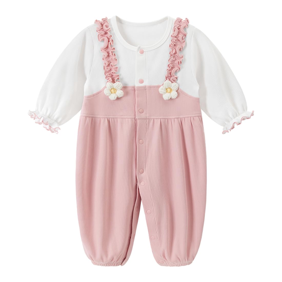 gurcooc Newborn Baby Girl Romper Ribbed Long Sleeve Bodysuit Floral Ruffle Jumpsuit Onesie Outfit Set, 0-18 Months