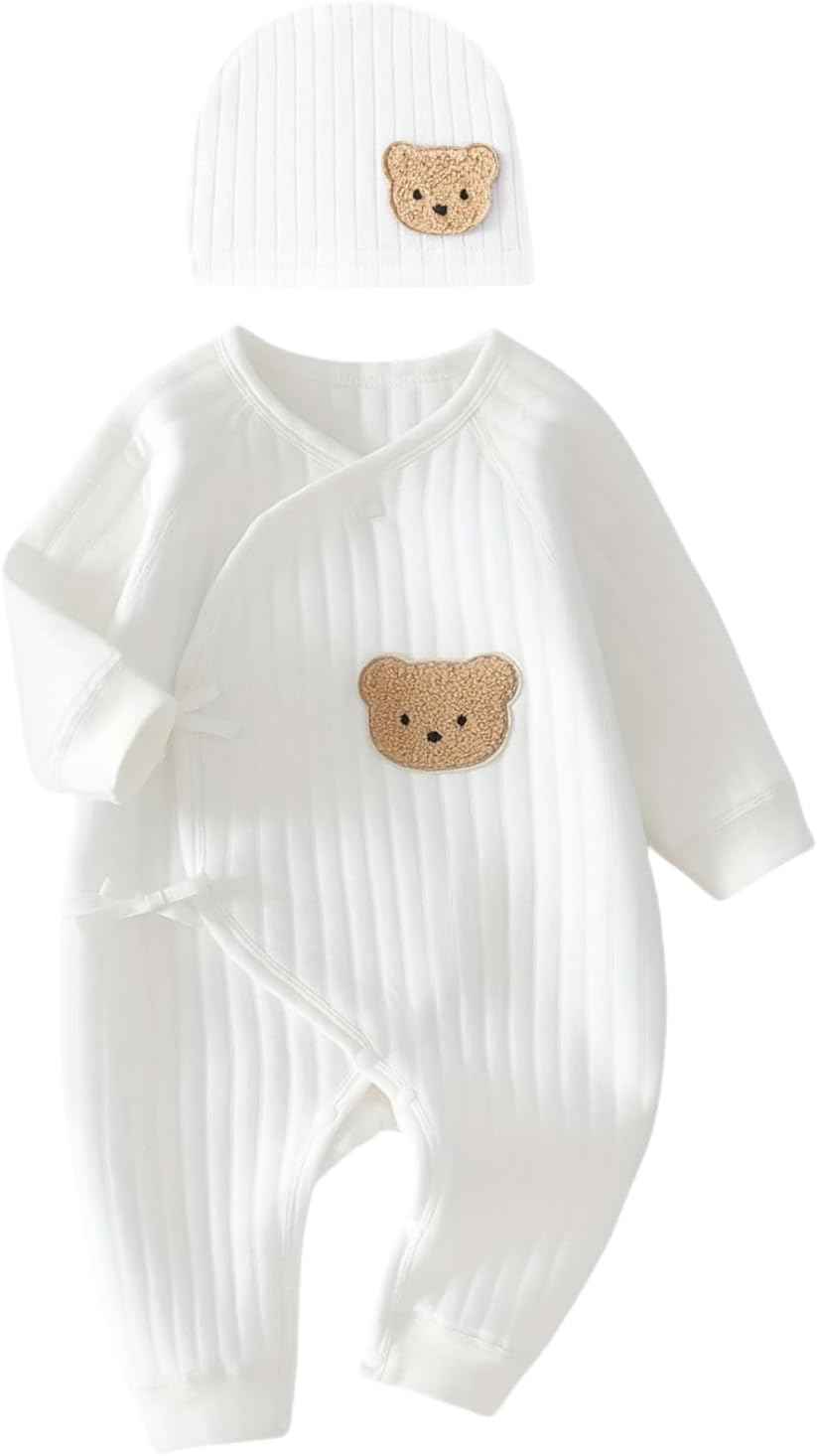 Babyfond 1 Pack Baby Bodysuit, Newborn Baby Warm Cotton Bodysuit with Hat, 100% Cotton Toddler Homewear Thickened Spring and Autumn Clothing
