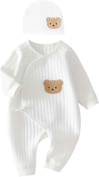 Babyfond 1 Pack Baby Bodysuit, Newborn Baby Warm Cotton Bodysuit with Hat, 100% Cotton Toddler Homewear Thickened Spring and Autumn Clothing
