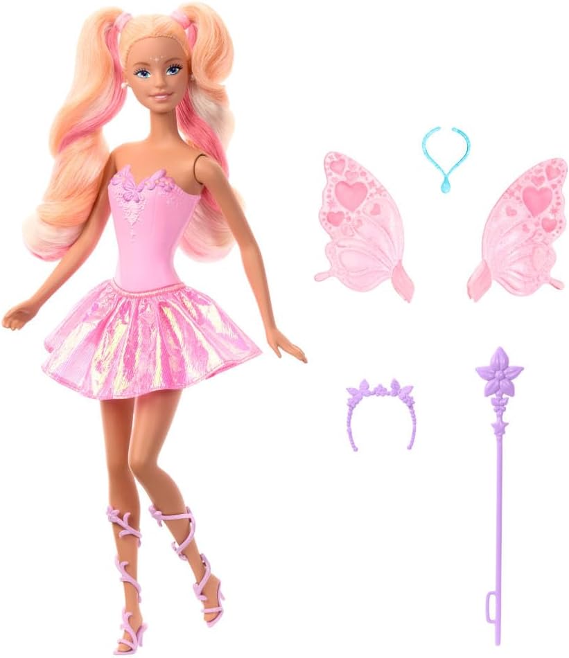 Mattel Barbie-Puppe Fee mit Spielzeugzauberstab und Mode-Accessoires, Fantasiethema mit Farbwechsel bei Flügeln und Outfit, JCP76, [Mehrfarbig]