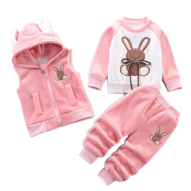 Odziezet Toddler Warm Outfit Children's Hooded Sleeveless Vest Suit Baby Winter Three Piece Outfits Child Long Sleeve Sweatshirt Trousers Sets Babies Cartoon Bear Clothing 0-4 Years