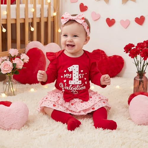 Baby Mädchen Outfit Rüschen Langarm My 1. Valentinstag Osterhase Strampler + Tutu Rock + Strümpfe mit Stirnband Babykleidung Set Neugeborene Fotoshooting Kleid für 0-18 Monate