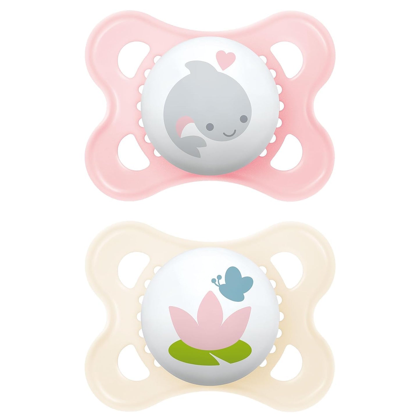 MAM Original Schnuller im 2er-Set, zahnfreundlicher Baby aus nachhaltigen & bio-erneuerbaren Materialien, Sauger aus SkinSoft Silikon, mit Schnullerbox, 0-6 Monate, Fisch/Seerose - Meloni2