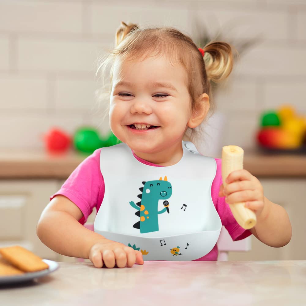 Vicloon Silikon Baby Lätzchen, 2 Stück Baby Lätzchen mit Auffangschale, BPA Frei, Einfache Reinigung, Wasserdicht Silikon-lätzchen für Jungen Mädchen, Kaninchen-Einhorn（Rosa）