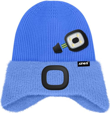 ATNKE Kinder LED Beleuchtete Ohrenklappen Mütze mit Licht,USB Wiederaufladbare 4 LED Laufmütze Stirnlampe Winter Warm Fleece Gefüttert Strick Mütze Geschenke für Jungen und Mädchen