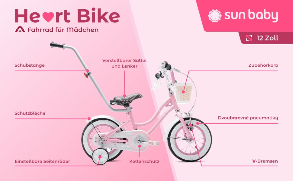 sun baby Mädchenfahrrad 12, 14 und 16 Zoll Radgröße Heart Bike zur Auswahl, mit Abnehmbarer Schubstange, Kinderfahrrad für Mädchen von 2 bis 6 Jahre
