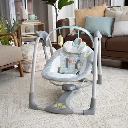 Ingenuity Hugs & Hoots zusammenklappbare & tragbare Babyschaukel, 5 Schaukelgeschwindigkeiten, 8 Melodien, 3 Naturgeräusche, Lautstärkeregulierung und Spielzeugbügel, ab der Geburt bis 9kg