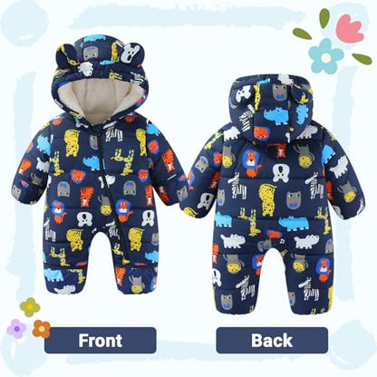 JiAmy Baby Winter Snowsuit, Toddler Bear Hood Fold-Over Mittens Booties Jumpsuit Toddler Warm Fleece Romper Girls Boys Warm Jumpsuit 3-24 Months