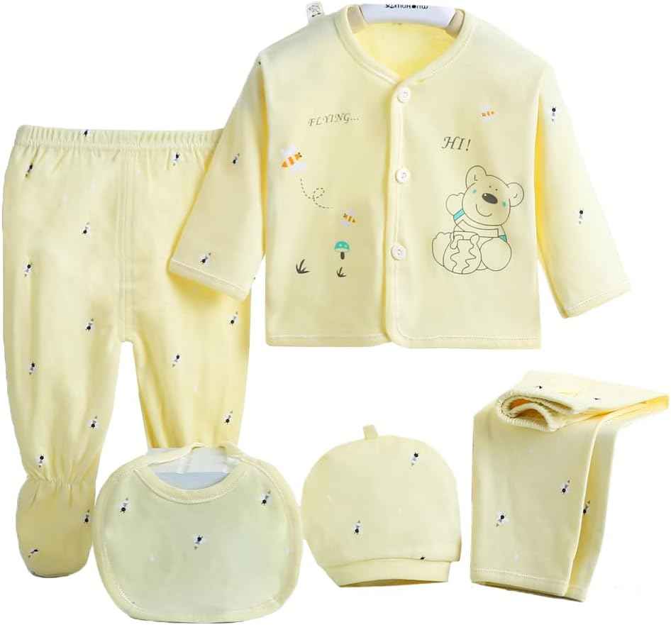 Gajaous 5 Pieces Newborn 0-3 M Boys Girls Baby Cotton Clothing Tops Hat Trousers Suit Outfit Sets One Size