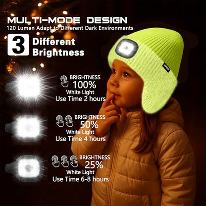 ATNKE Kinder LED Beleuchtete Ohrenklappen Mütze mit Licht,USB Wiederaufladbare 4 LED Laufmütze Stirnlampe Winter Warm Fleece Gefüttert Strick Mütze Geschenke für Jungen und Mädchen
