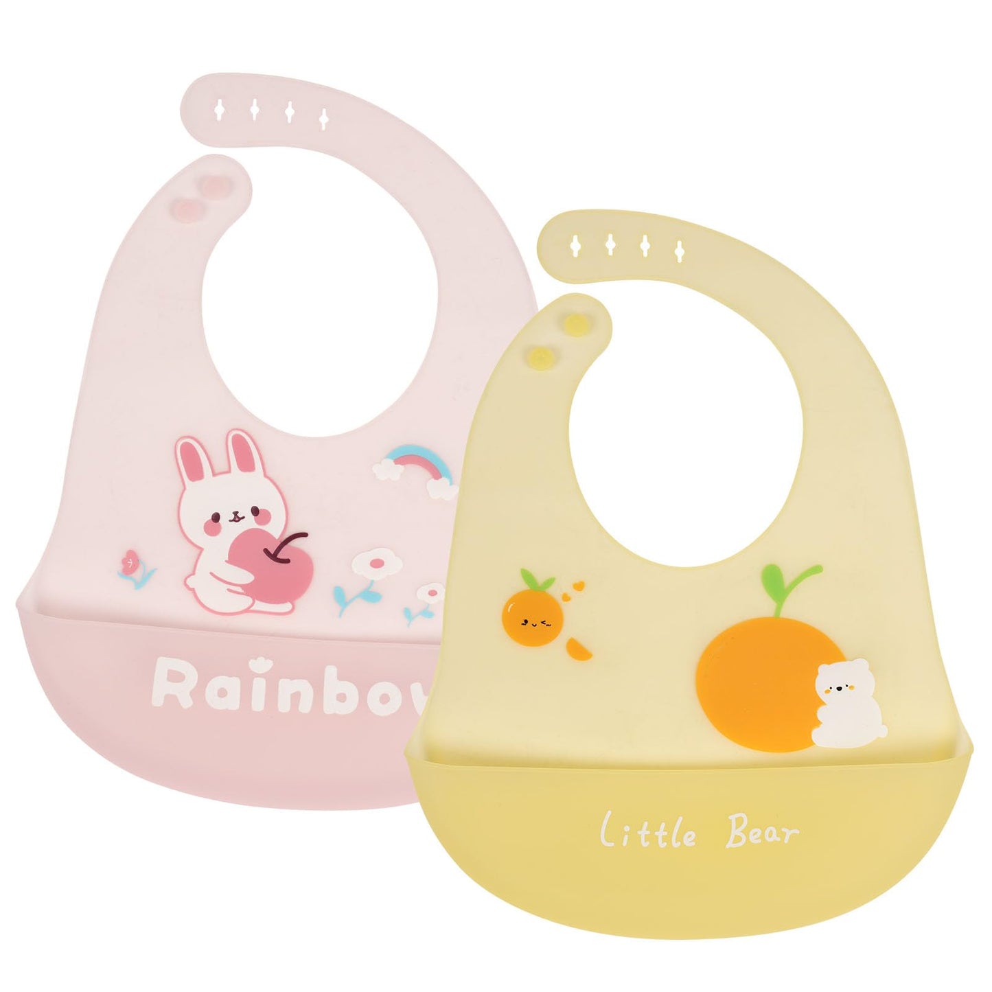 Vicloon Silikon Baby Lätzchen, 2 Stück Baby Lätzchen mit Auffangschale, BPA Frei, Einfache Reinigung, Wasserdicht Silikon-lätzchen für Jungen Mädchen, Kaninchen-Einhorn（Rosa）
