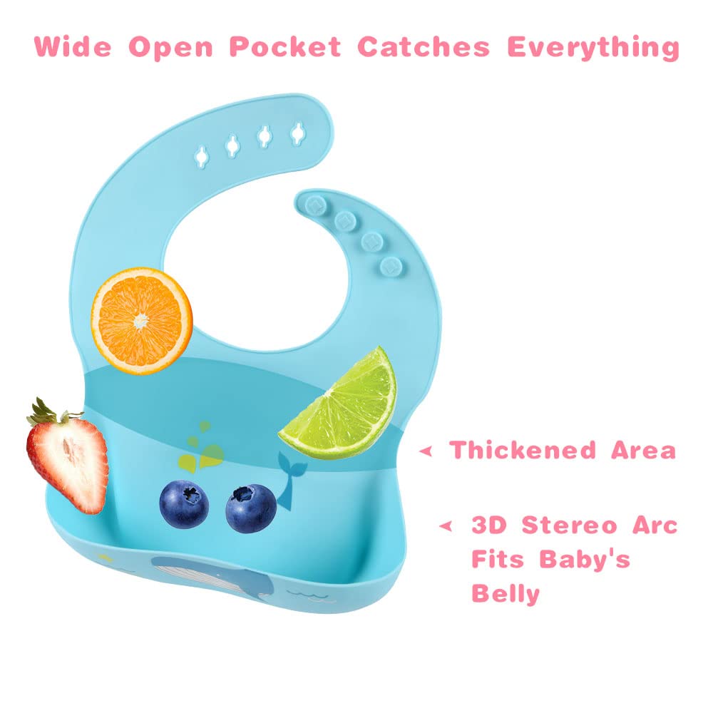 Vicloon Silikon Baby Lätzchen, 2 Stück Baby Lätzchen mit Auffangschale, BPA Frei, Einfache Reinigung, Wasserdicht Silikon-lätzchen für Jungen Mädchen, Kaninchen-Einhorn（Rosa）