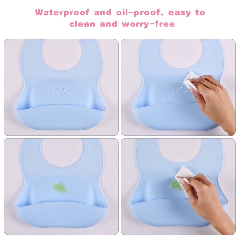 Vicloon Silikon Baby Lätzchen, 2 Stück Baby Lätzchen mit Auffangschale, BPA Frei, Einfache Reinigung, Wasserdicht Silikon-lätzchen für Jungen Mädchen, Kaninchen-Einhorn（Rosa）