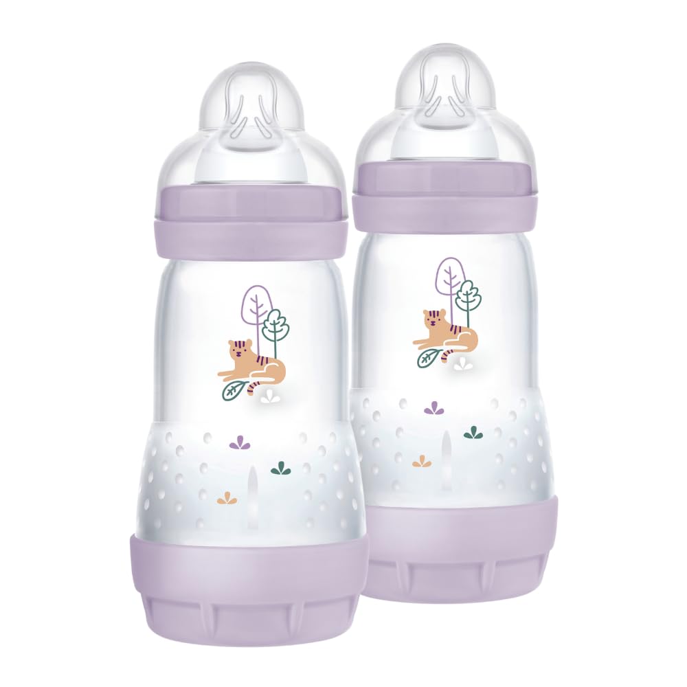 MAM Easy Start Anti-Kolik-Fläschchen, Set mit 2 Babyflaschen für Babys von 2-4 Monaten, 260 ml mit Sauger Fluss 2 für 2+ Monate, aus SkinSoft Silikon, bio-rund, lila