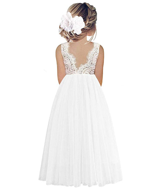 Beganly Mädchen Festtagskleider Spitze V-Rücken Kleid ärmellos Flauschig Tüll Prinzessin Partykleid Blumenmädchen Kleider
