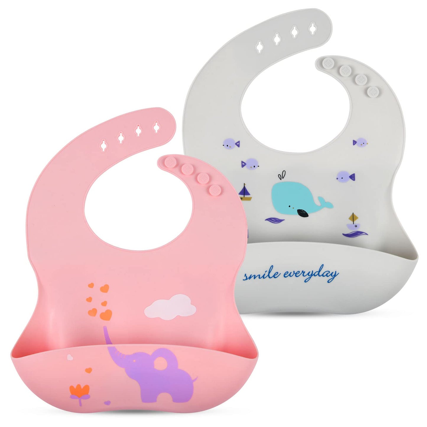 Vicloon Silikon Baby Lätzchen, 2 Stück Baby Lätzchen mit Auffangschale, BPA Frei, Einfache Reinigung, Wasserdicht Silikon-lätzchen für Jungen Mädchen, Kaninchen-Einhorn（Rosa）