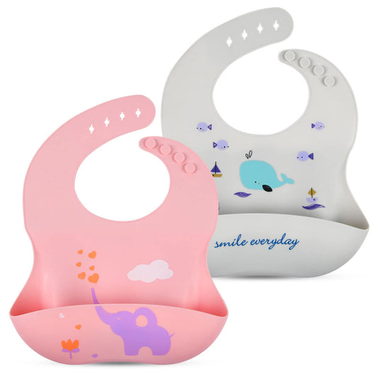 Vicloon Silikon Baby Lätzchen, 2 Stück Baby Lätzchen mit Auffangschale, BPA Frei, Einfache Reinigung, Wasserdicht Silikon-lätzchen für Jungen Mädchen, Kaninchen-Einhorn（Rosa）