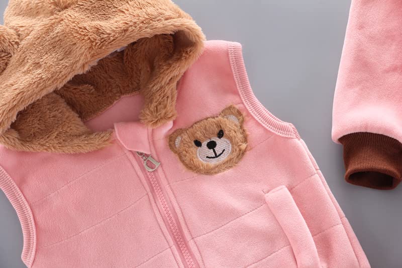 Odziezet Toddler Warm Outfit Children's Hooded Sleeveless Vest Suit Baby Winter Three Piece Outfits Child Long Sleeve Sweatshirt Trousers Sets Babies Cartoon Bear Clothing 0-4 Years