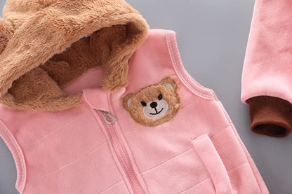 Children Warm Clothes Children Jumpsuit Vest Sleeveless Hooded Child Winter Three Pieces Clothes Child Long Sleeve Sweatshirt Pants Set Children Cartoon Bear Clothes 0-4 Years 