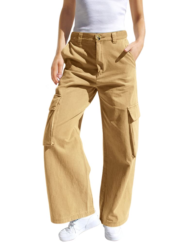 Haloumoning Mädchen Cargohose Baumwoll Y2K Baggy Cargo Hose Kinder Straight Leg Hohe Taille Jogginghose Casual Outdoorhose mit Elastische Taille und Taschen
