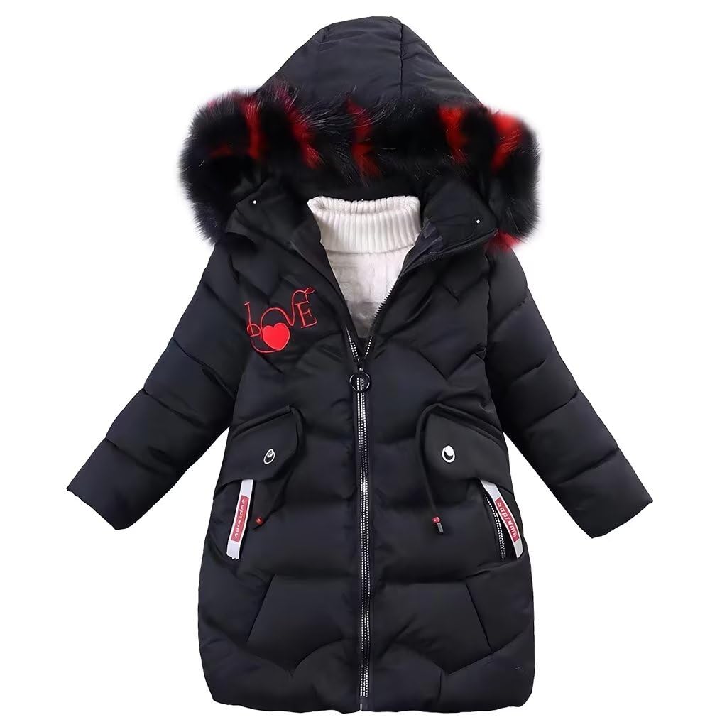 Girls' Winter Jacket Children's Winter Coat Thick Quilted Jacket Long Warm Parka Cotton Jacket Outdoor Coat with Fur Hood and Love Embroidery Print